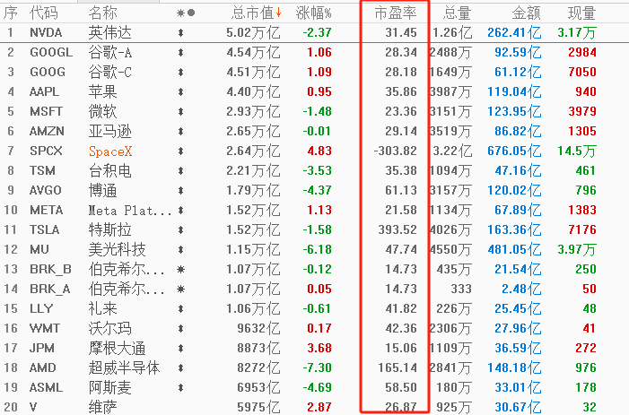 美股市场,总市值前20名的上市公司
